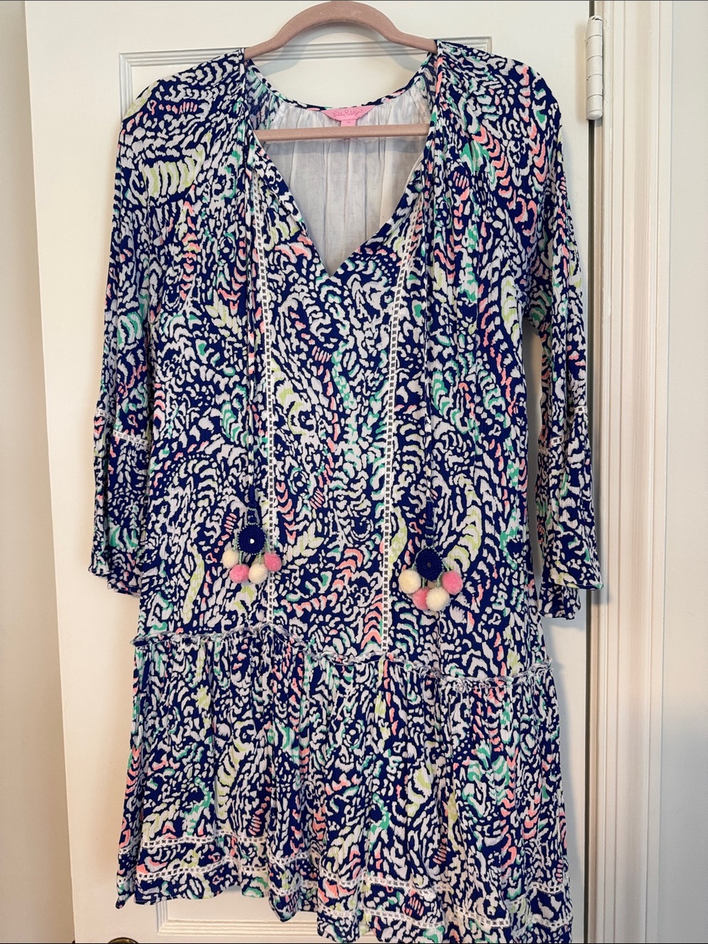 Lilly Pulitzer Navy Multi-Color Pom-Tie Long Sleeve Tunic Dress